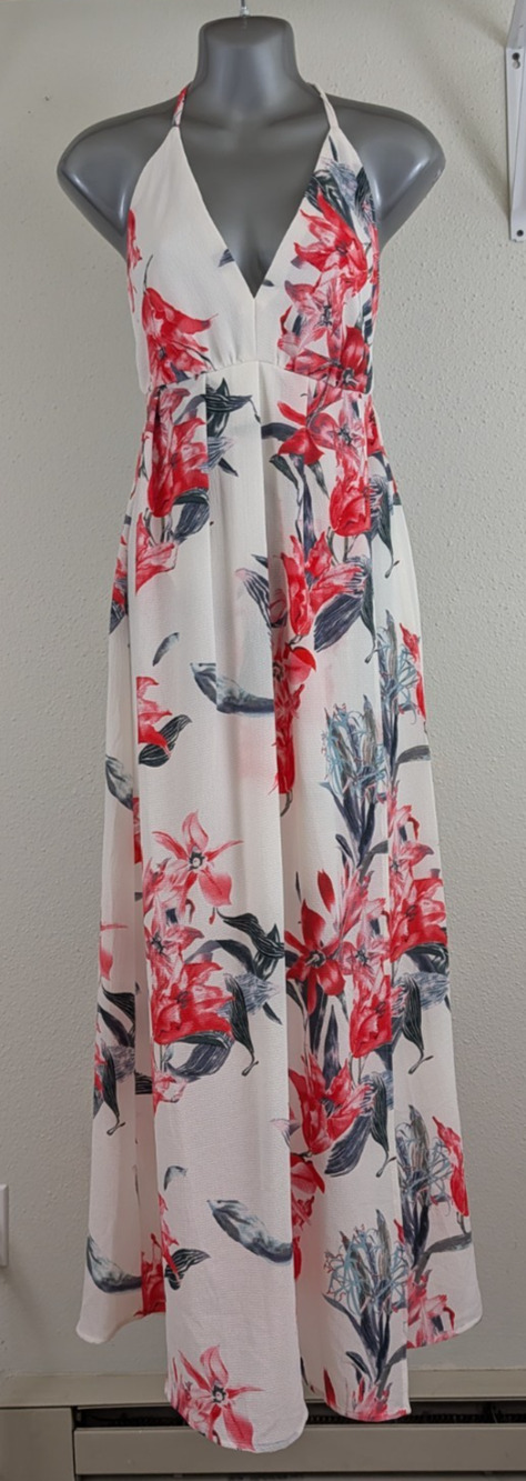 New Simplee sz M Halter style Maxi length Dress white floral print women 1900
